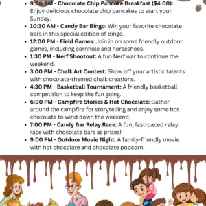 Colorful event flyer for June 1, 2025, featuring activities like a chocolate chip pancake breakfast, bingo, outdoor games, a nerf shootout, art contest, basketball, campfire stories, candy bar relay race, and outdoor movie night, with playful illustrations.