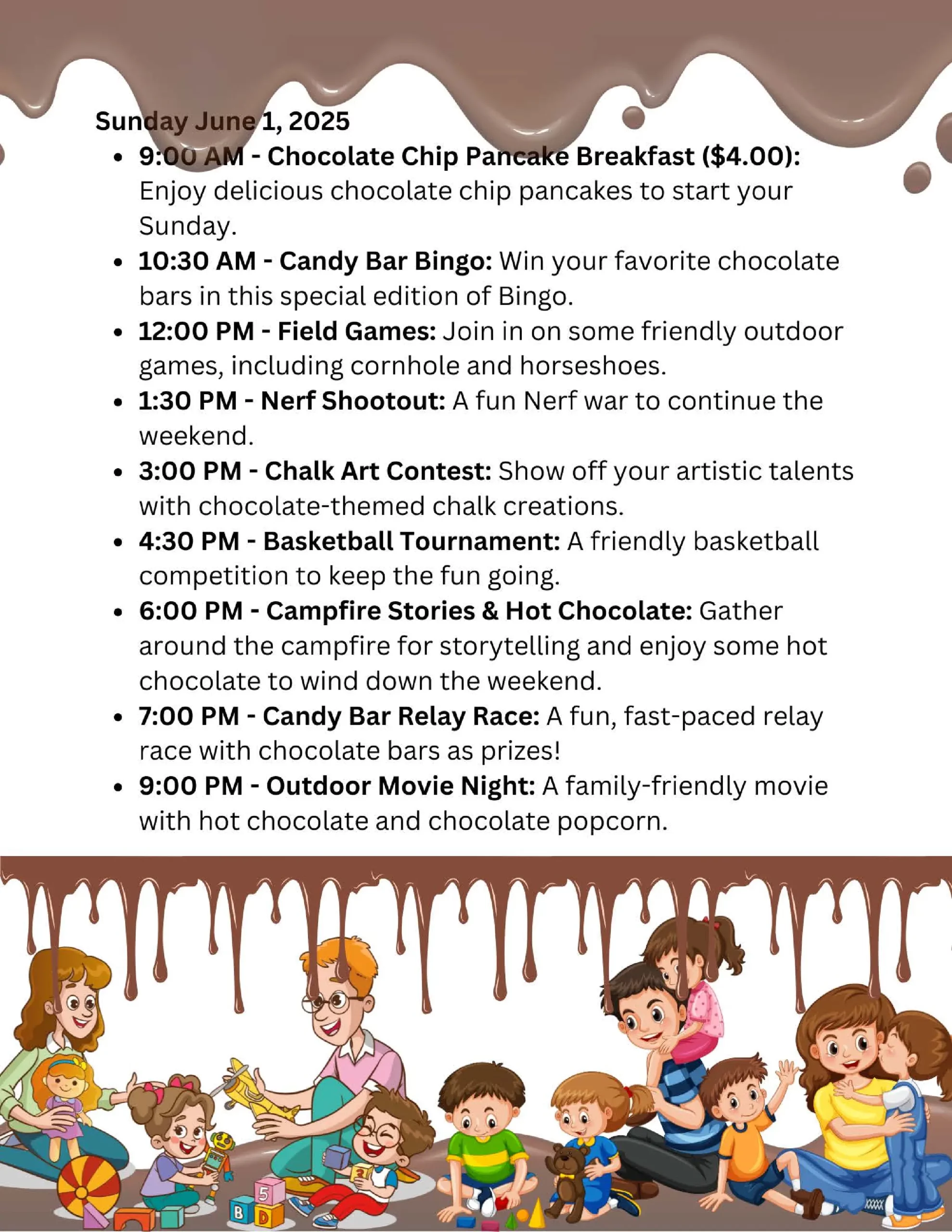 Colorful event flyer for June 1, 2025, featuring activities like a chocolate chip pancake breakfast, bingo, outdoor games, a nerf shootout, art contest, basketball, campfire stories, candy bar relay race, and outdoor movie night, with playful illustrations.