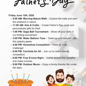Celebrate Father's Day weekend with a fun-filled event! Enjoy a morning nature walk, arts & crafts, exciting tournaments, a thrilling scavenger hunt, and an unforgettable outdoor movie. A cartoon family graces the poster's bottom alongside a delicious "Happy Father's Day" cake.