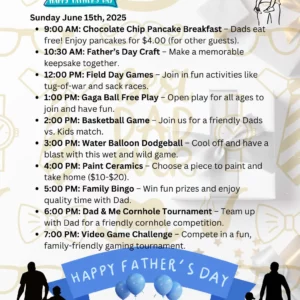 Fathers Day Weekend event schedule poster featuring activities like a pancake breakfast, games, crafts, and tournaments. Embrace the blue and white theme with a "Happy Father's Day" banner and playful silhouettes of a father and children enjoying their special day.
