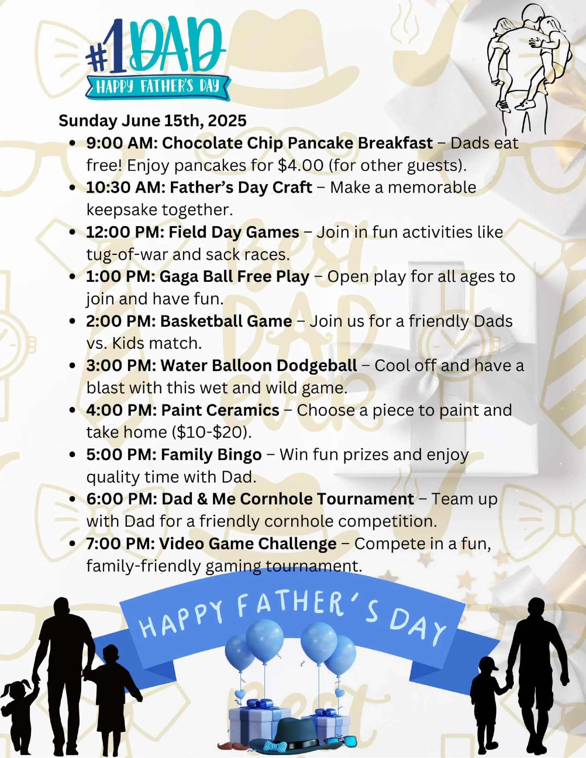 Fathers Day Weekend event schedule poster featuring activities like a pancake breakfast, games, crafts, and tournaments. Embrace the blue and white theme with a "Happy Father's Day" banner and playful silhouettes of a father and children enjoying their special day.