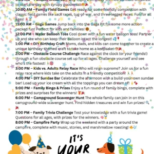A vibrant event flyer celebrating "Your Birthday" features a dog and bear at the bottom. Join us on Sunday, May 18th, 2025 for a pancake breakfast, games, balloon toss, and DIY ice cream sundaes. Adorned with stars and playful fonts—it's your weekend celebration!
