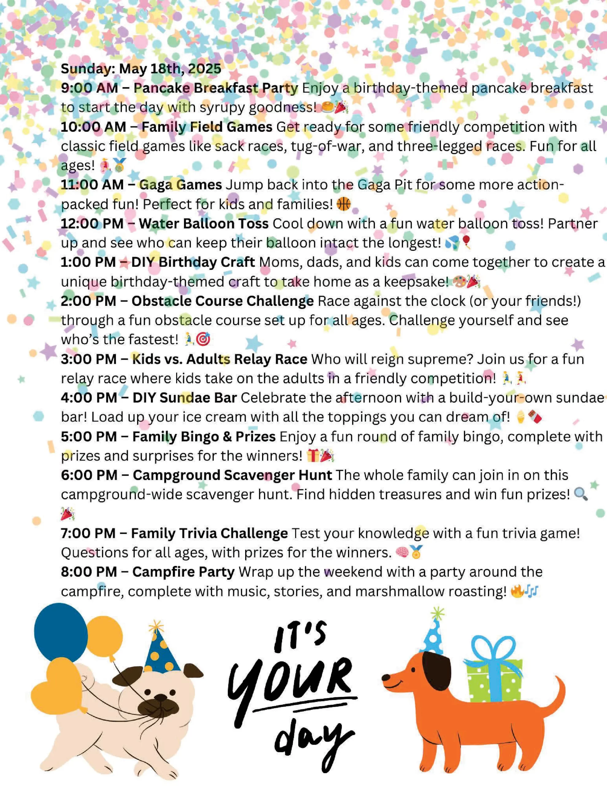 A vibrant event flyer celebrating "Your Birthday" features a dog and bear at the bottom. Join us on Sunday, May 18th, 2025 for a pancake breakfast, games, balloon toss, and DIY ice cream sundaes. Adorned with stars and playful fonts—it's your weekend celebration!