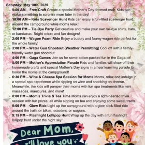 Colorful Mother's Day weekend event schedule on a floral background. Events include a craft session, scavenger hunt, tie-dye party, water gun shootout, and a special spa session for moms. A heartfelt message at the bottom says "Dear Mom, I love you always!