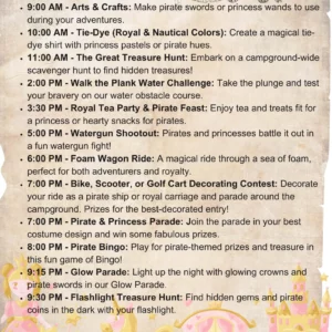 Join us for a whimsical weekend event schedule themed around pirates and princesses on June 7, 2025. Delight in activities like arts & crafts, tie-dye, treasure hunts, a Royal Tea Party, foam watergun fights, bike/scooter parades, and glow treasure hunts. Decorative icons and texts included.
