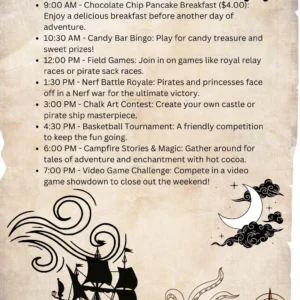 Set sail for a pirate-themed weekend adventure on June 8th, 2025! Enjoy breakfast, bingo, games, and a spirited contest. Join us for a tournament, storytelling, and video games amidst pirate graphics of ships, skulls, and waves. Perfect for pirates of all ages!