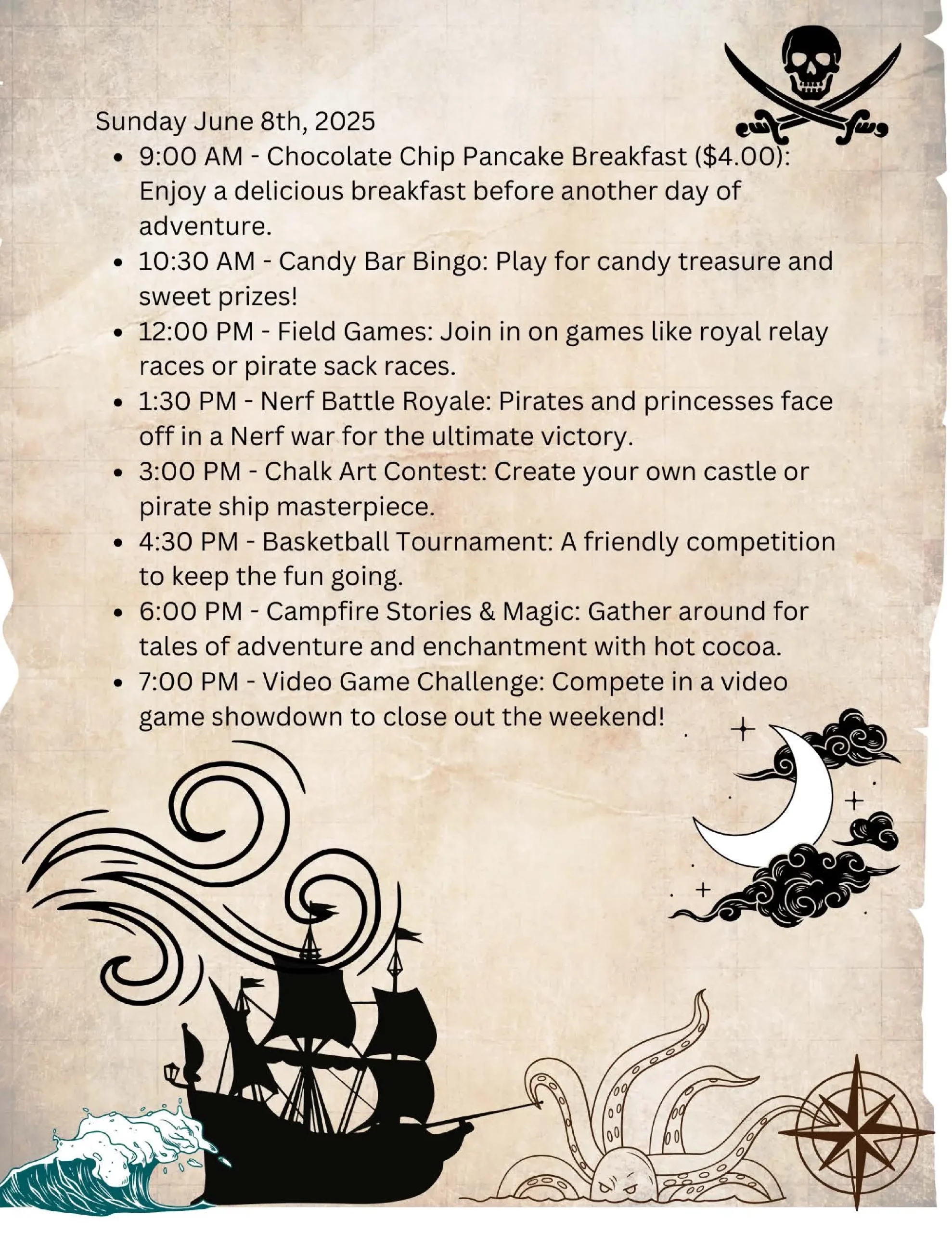 Set sail for a pirate-themed weekend adventure on June 8th, 2025! Enjoy breakfast, bingo, games, and a spirited contest. Join us for a tournament, storytelling, and video games amidst pirate graphics of ships, skulls, and waves. Perfect for pirates of all ages!