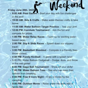 Dive into the vibrant event schedule for "Water Wars Weekend" set against a refreshing water-themed background. Exciting activities include pool games, arts, relay races, and a movie by the pool. Don’t miss out on Friday, June 20th, 2025!