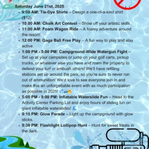 Illustrated weekend camp schedule with activities like Water Wars featuring a foam wagon ride and a watergun fight. Enjoy tie-dye shirts, an art contest, inflatable waterslide fun, a glow parade, and a flashlight lollipop hunt. Background includes water-themed graphics and a save water sign.