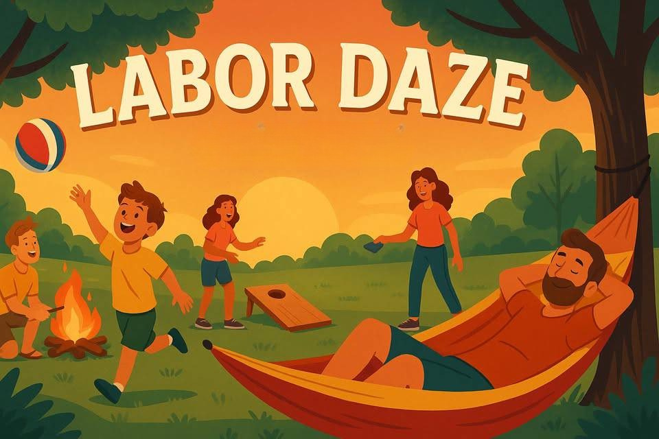 Illustration of a man relaxing in a hammock while children play and a woman stands nearby in a park with a campfire, trees, and a sunset. The words “LABOR DAZE” appear above.