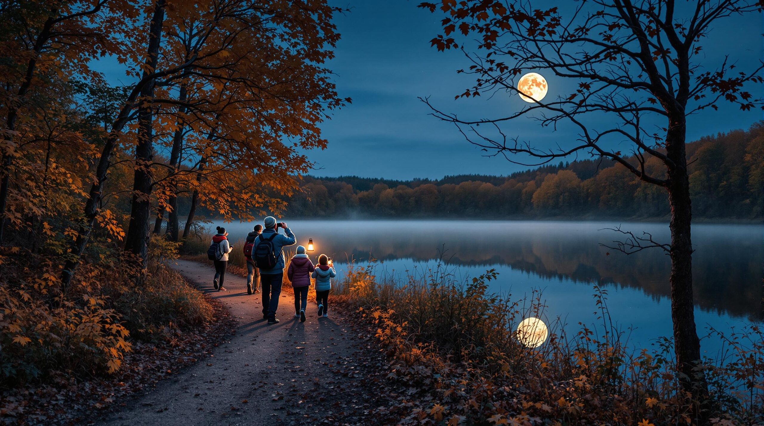A group of people walks along a leaf-covered trail by a small lake under a bright full moon, listening for owls on a cool autumn evening, with mist rising from the water and trees in vibrant fall colors.