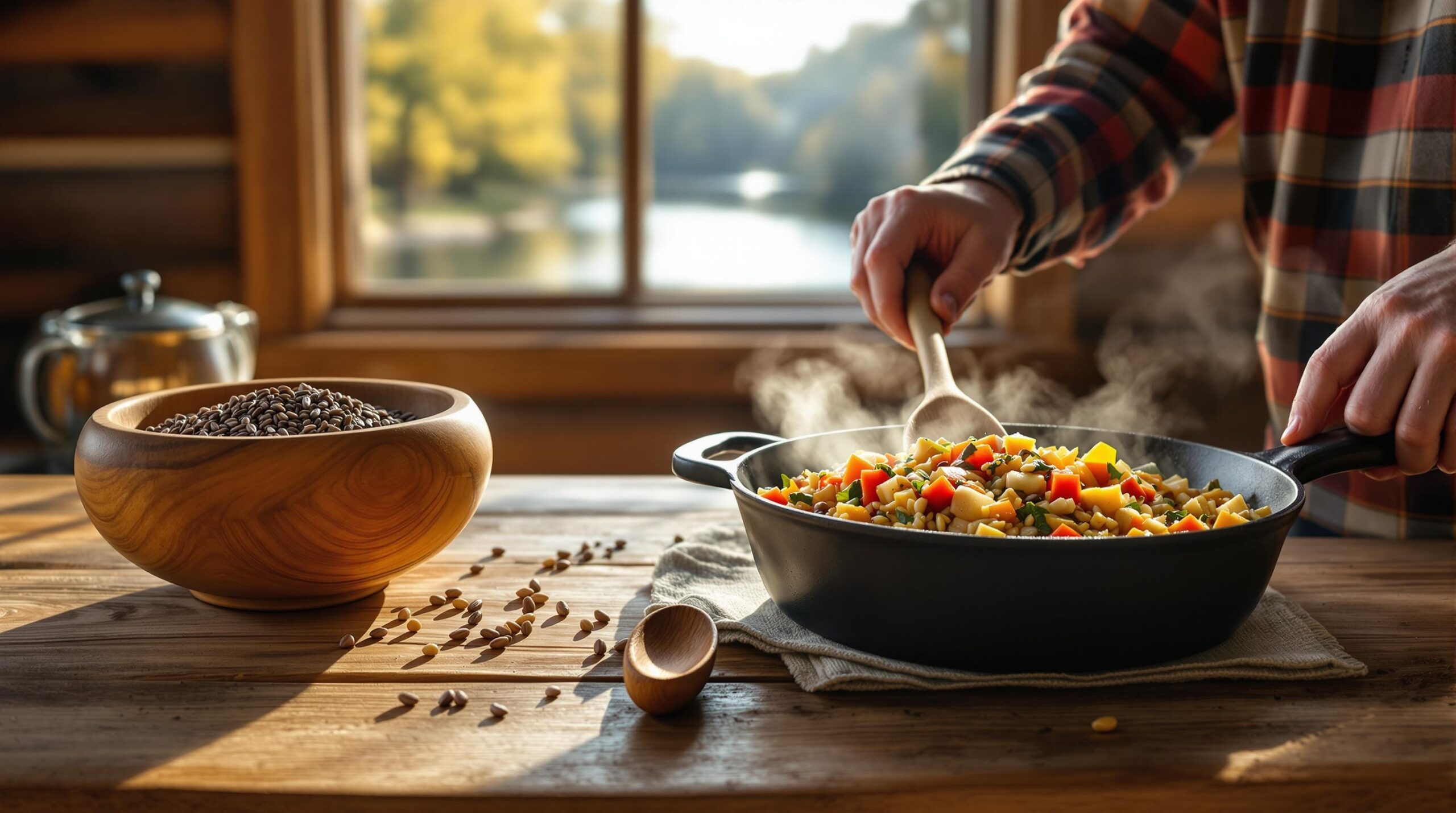 A rustic cabin kitchen table with a wooden bowl of uncooked wild rice, a steaming skillet of cooked wild rice pilaf, and a person in a flannel shirt stirring the skillet, with soft morning light streaming through a window overlooking trees and a river.