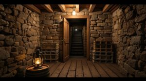 Stone-walled farmhouse basement with open hidden door, antique lantern on barrel, wooden beams, and dim lighting suggesting a historic Underground Railroad safe house in Platte County, Missouri