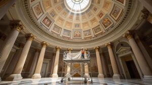 Restoration expert on scaffold reveals faded mural beneath plaster in sunlit courthouse rotunda with marble floors and columns