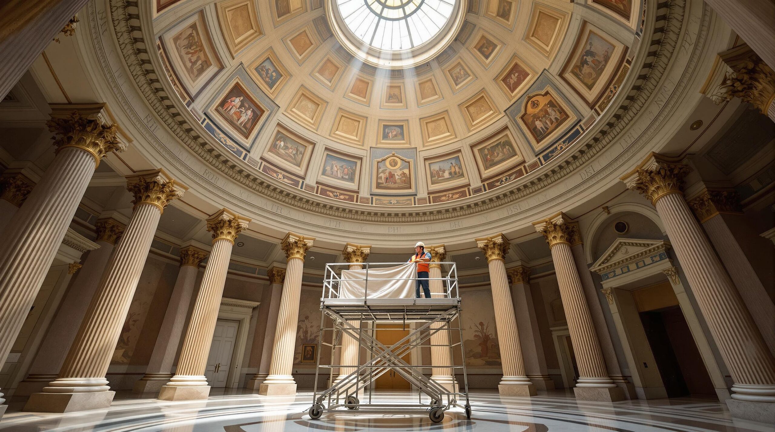 Restoration expert on scaffold reveals faded mural beneath plaster in sunlit courthouse rotunda with marble floors and columns