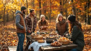 A diverse group of adults gather around a picnic table in a sunlit autumn woodland, sharing baskets of wild mushrooms and seasonal dishes, surrounded by colorful fall foliage.
