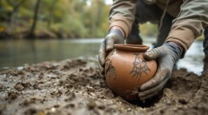 Archaeologist brushes mud from 19th-century Native American clay pot on a riverbank with soft-focused trees and water in the background