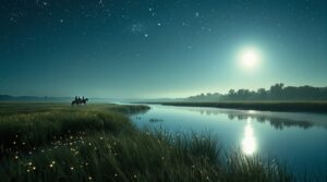 A young couple rides horses along a moonlit river under a star-filled sky, surrounded by grassy banks and glowing fireflies, evoking a peaceful and romantic atmosphere.