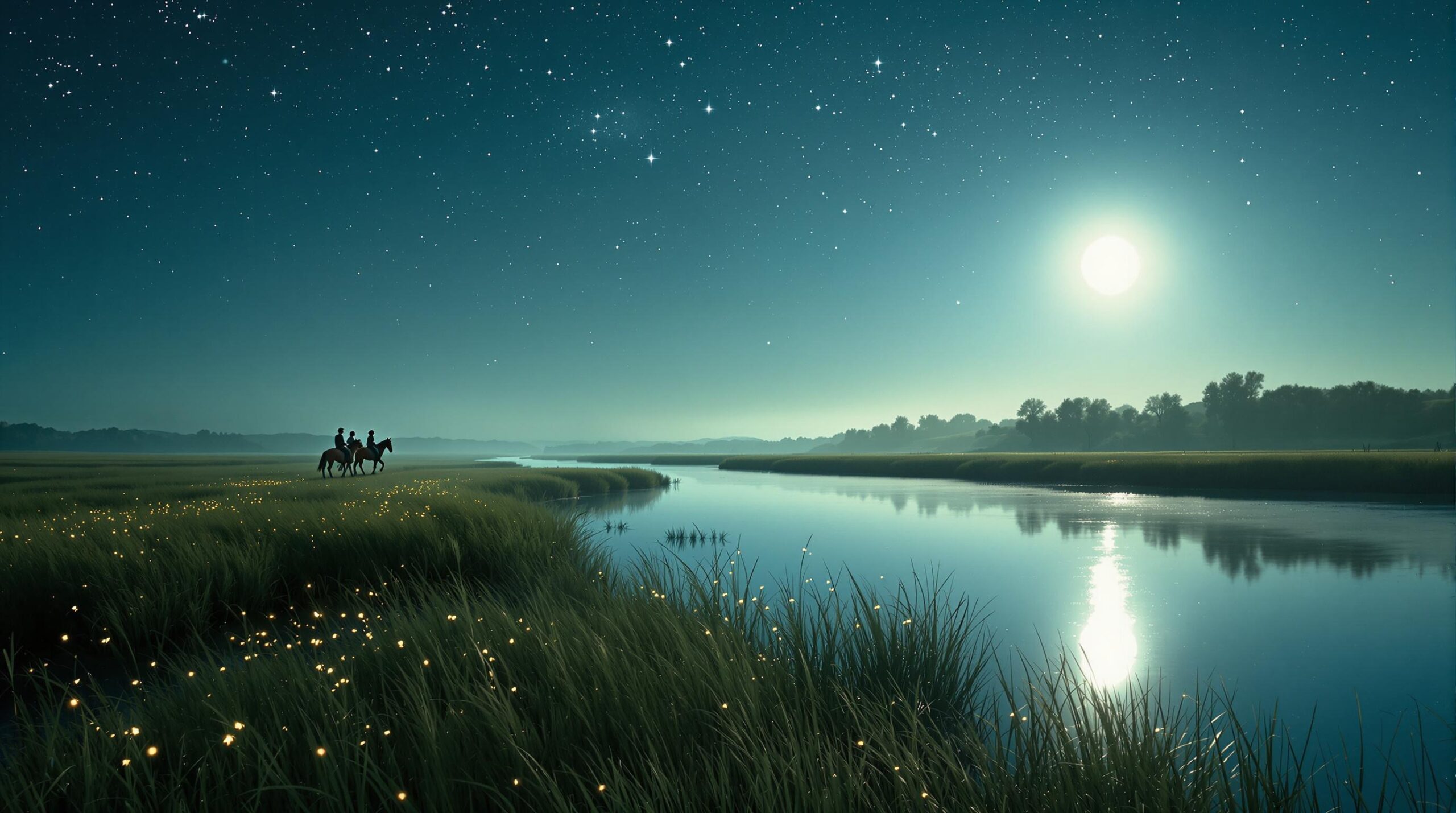 A young couple rides horses along a moonlit river under a star-filled sky, surrounded by grassy banks and glowing fireflies, evoking a peaceful and romantic atmosphere.