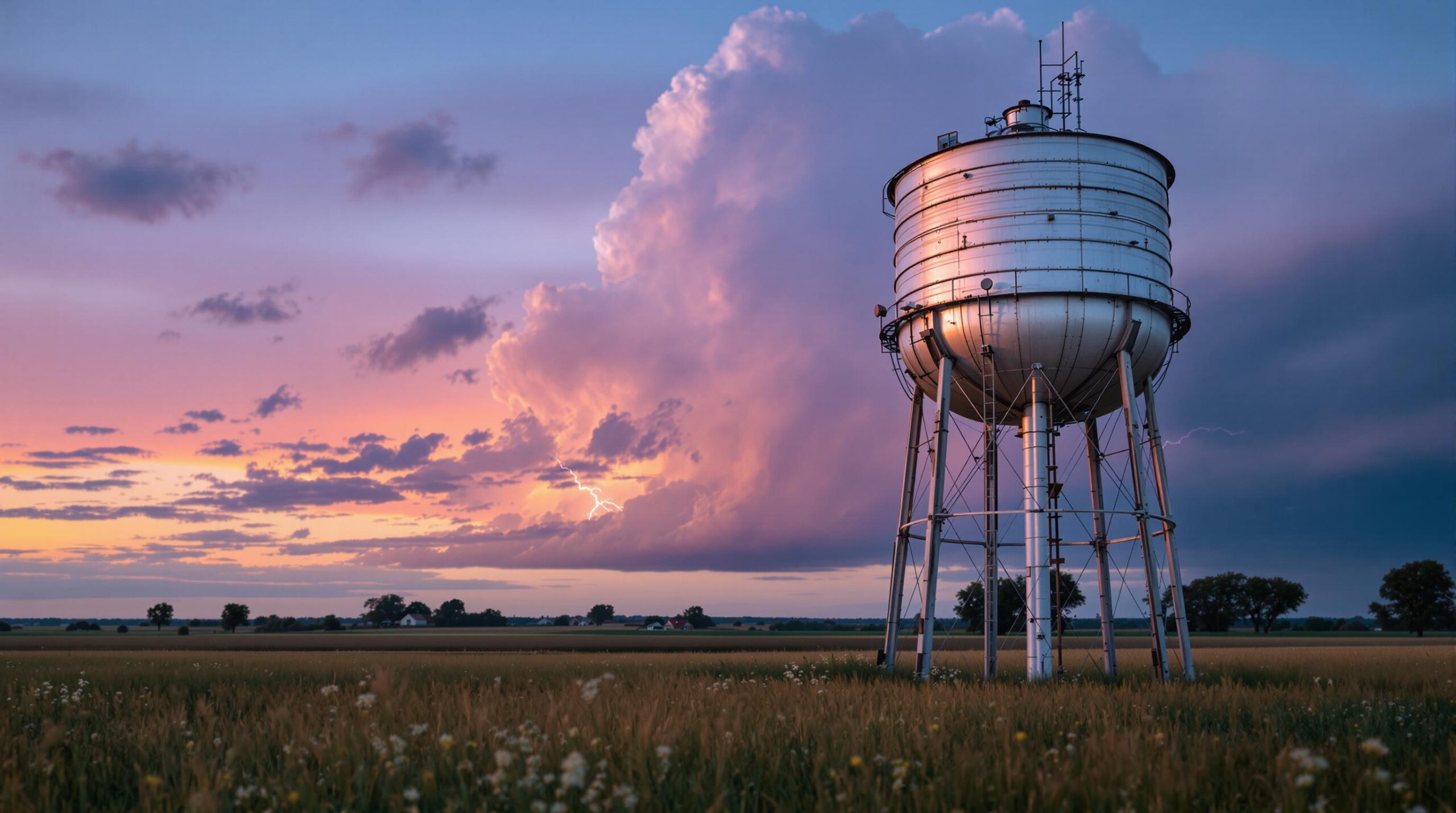 A 1950s-style silver water tower stands in a rural field near Platte City, Missouri, with tall grasses and wildflowers in the foreground. Dusk sky with distant storm clouds and a faint lightning bolt illuminates the landscape, creating a dramatic atmosphere.