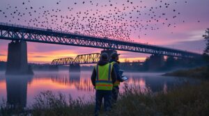 Two biologists in safety vests observe bats emerging from under a steel bridge at dusk along a riverbank, with a colorful twilight sky and mist rising over the water.