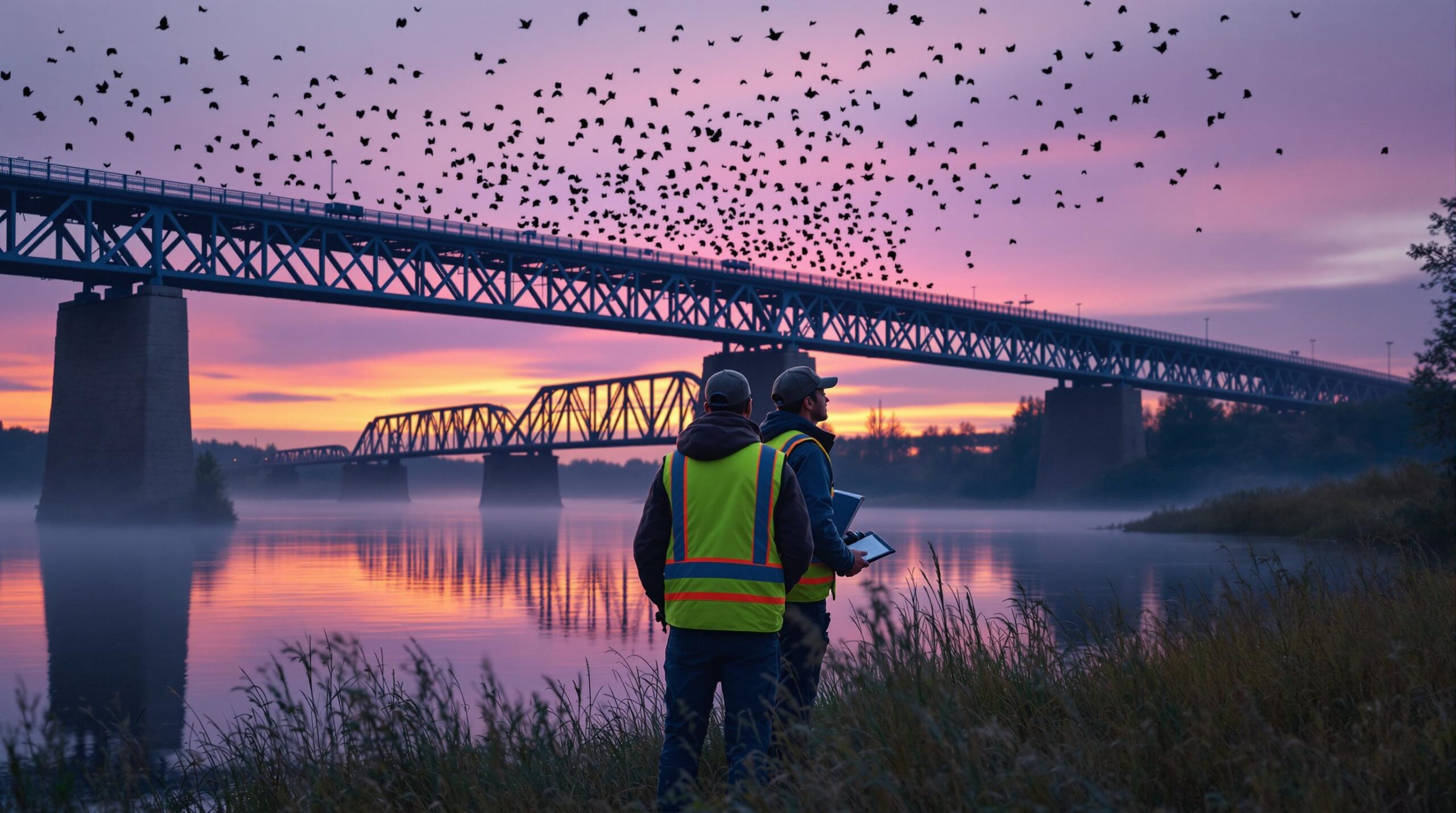 Two biologists in safety vests observe bats emerging from under a steel bridge at dusk along a riverbank, with a colorful twilight sky and mist rising over the water.