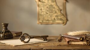 Antique Pony Express telegraph key on wooden table with quill, parchment, and vintage notebook, softly lit with blurred map background.