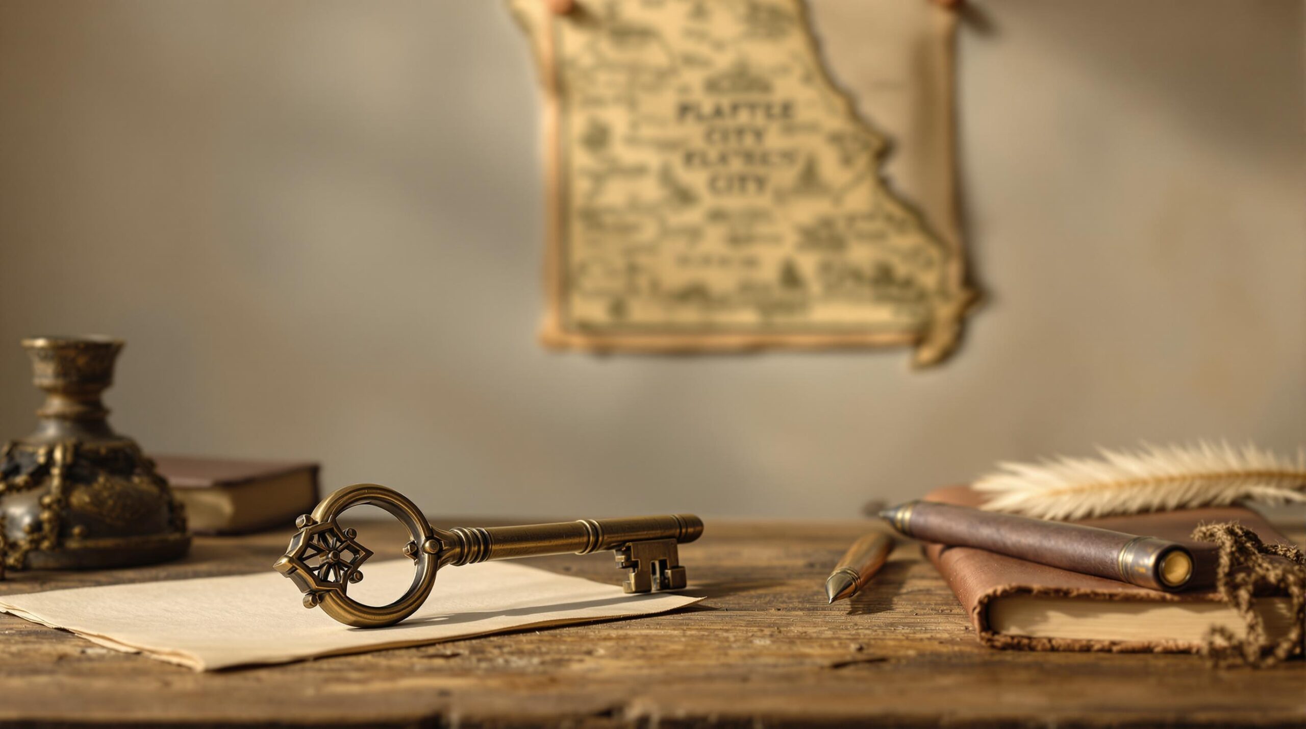 Antique Pony Express telegraph key on wooden table with quill, parchment, and vintage notebook, softly lit with blurred map background.