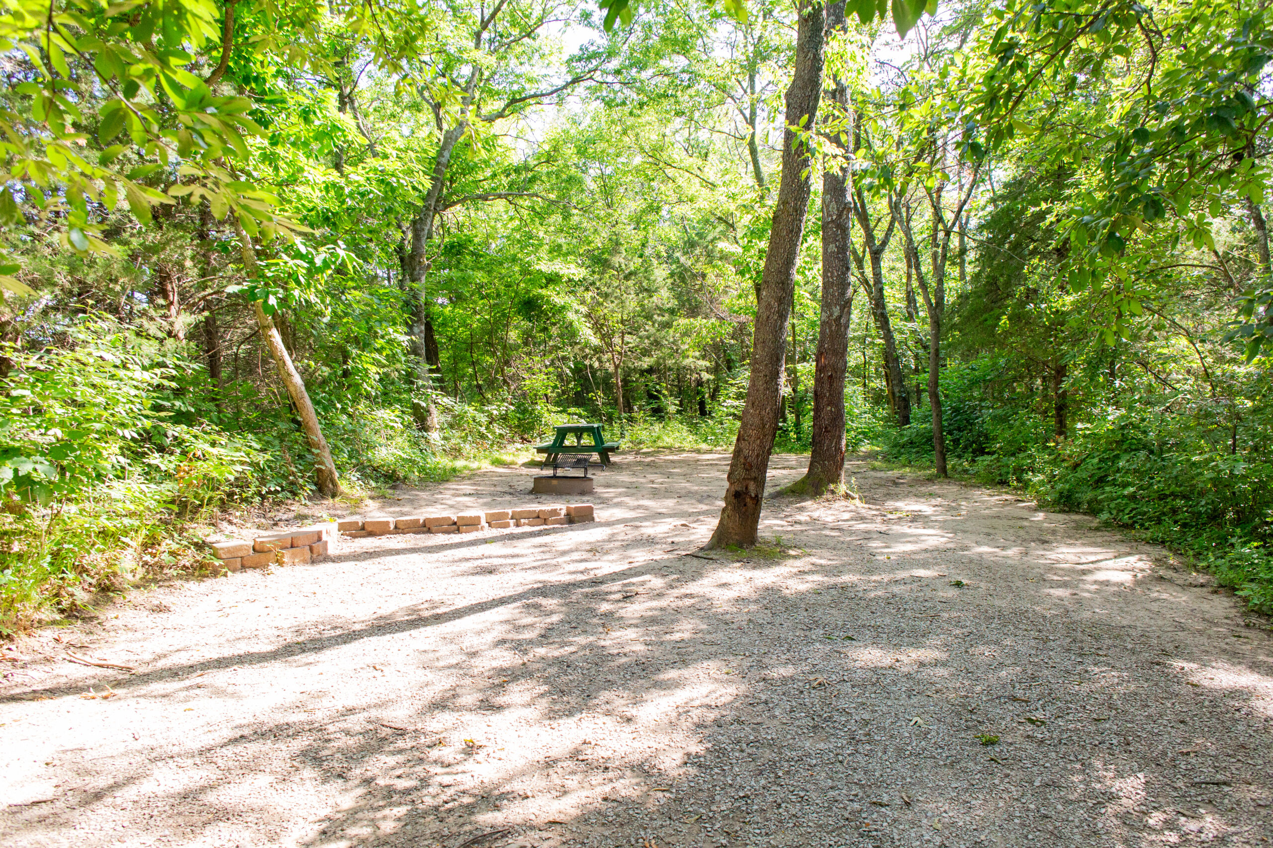 A shaded campsite surrounded by trees, featuring a picnic table, a fire pit made of bricks, and a clearing with gravel and dirt ground. Sunlight filters through the green foliage above.