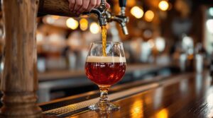 Bartender pouring bourbon barrel-aged maple ale into a tulip glass on a wooden bar with warm, rustic lighting and soft background bokeh.