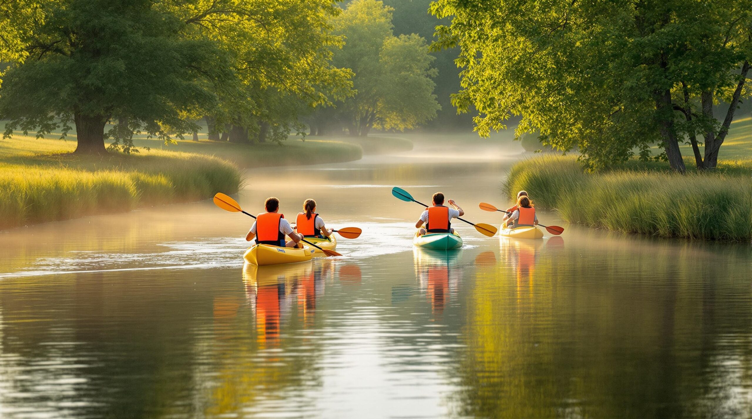 A family of four wearing life vests paddles colorful kayaks together on a calm, tree-lined river with soft morning sunlight and gentle mist in the air.