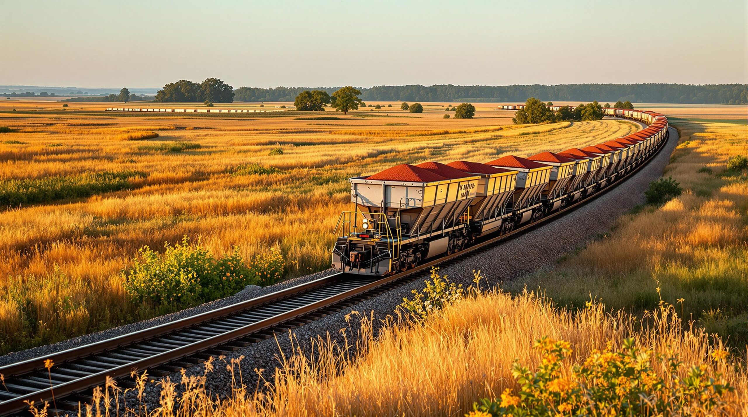 A freight train carrying open-top cars filled with iron ore travels through rural fields near Platte City, Missouri, under warm golden hour light, with wild grasses and trees in the background.