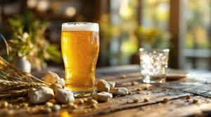 A glass of golden craft beer with condensation sits on a rustic wooden table next to small limestone rocks, a glass of clear water, and scattered hops and barley, softly lit by warm sunlight with a blurred background.