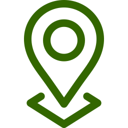 A green location pin icon with a circular center and two short lines at the bottom, pointing downward, representing a map marker or location symbol.