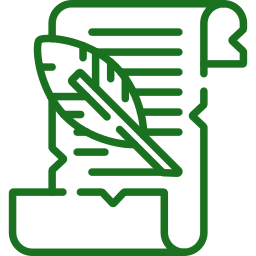 Green line drawing of a feather quill resting on a rolled parchment or scroll, symbolizing writing, literature, or historical documents.