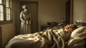 Nurse in 1918 attire checks patient’s pulse in a modest clinic, with another masked nurse in the background and warm window light illuminating the scene.