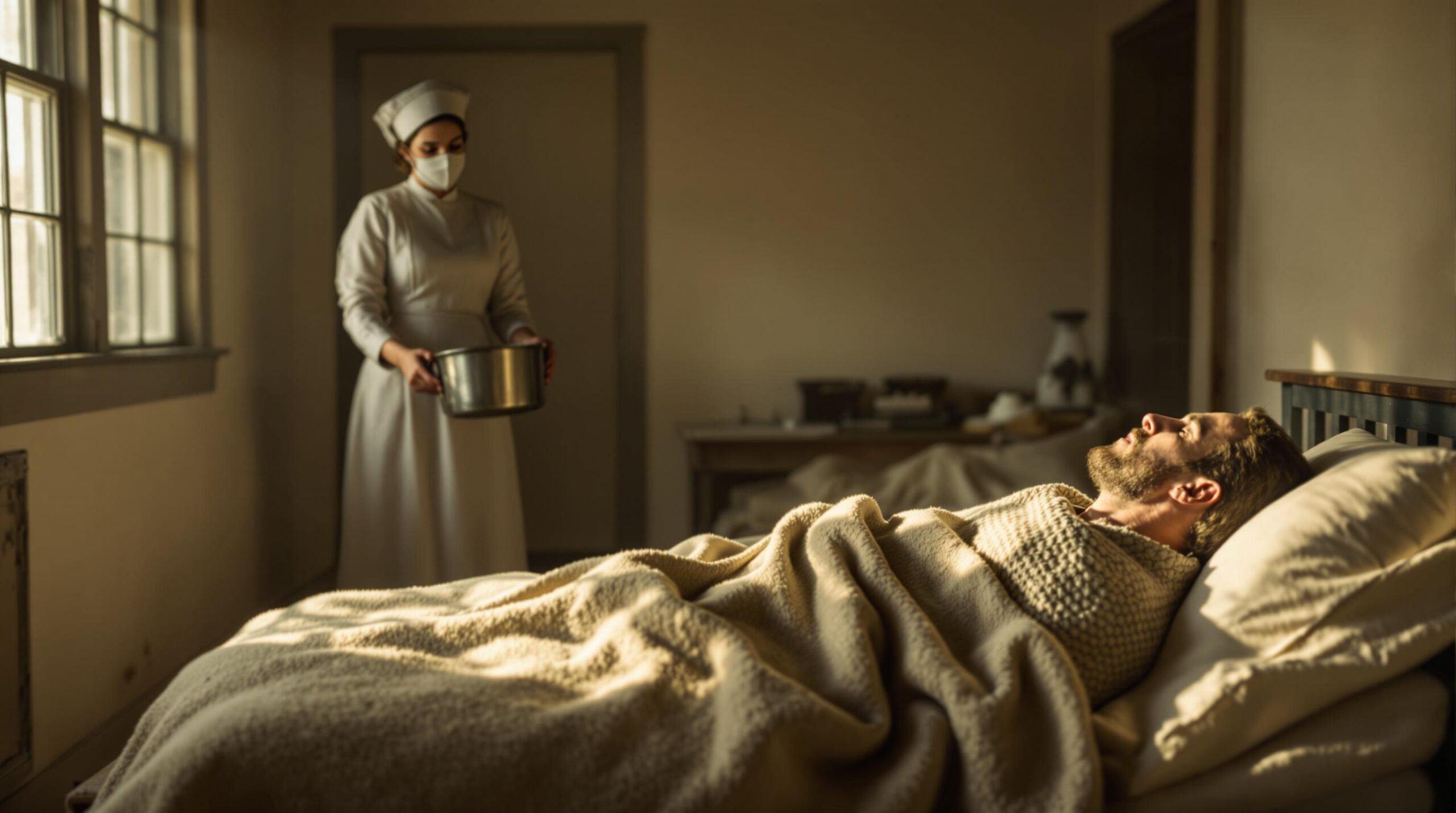 Nurse in 1918 attire checks patient’s pulse in a modest clinic, with another masked nurse in the background and warm window light illuminating the scene.