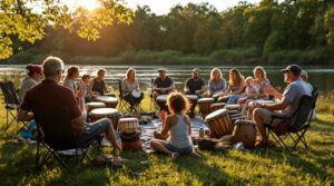 A diverse group of people gather outdoors on a grassy riverbank, joyfully playing hand drums in a community drum circle at sunset, with trees and a softly blurred river in the background.