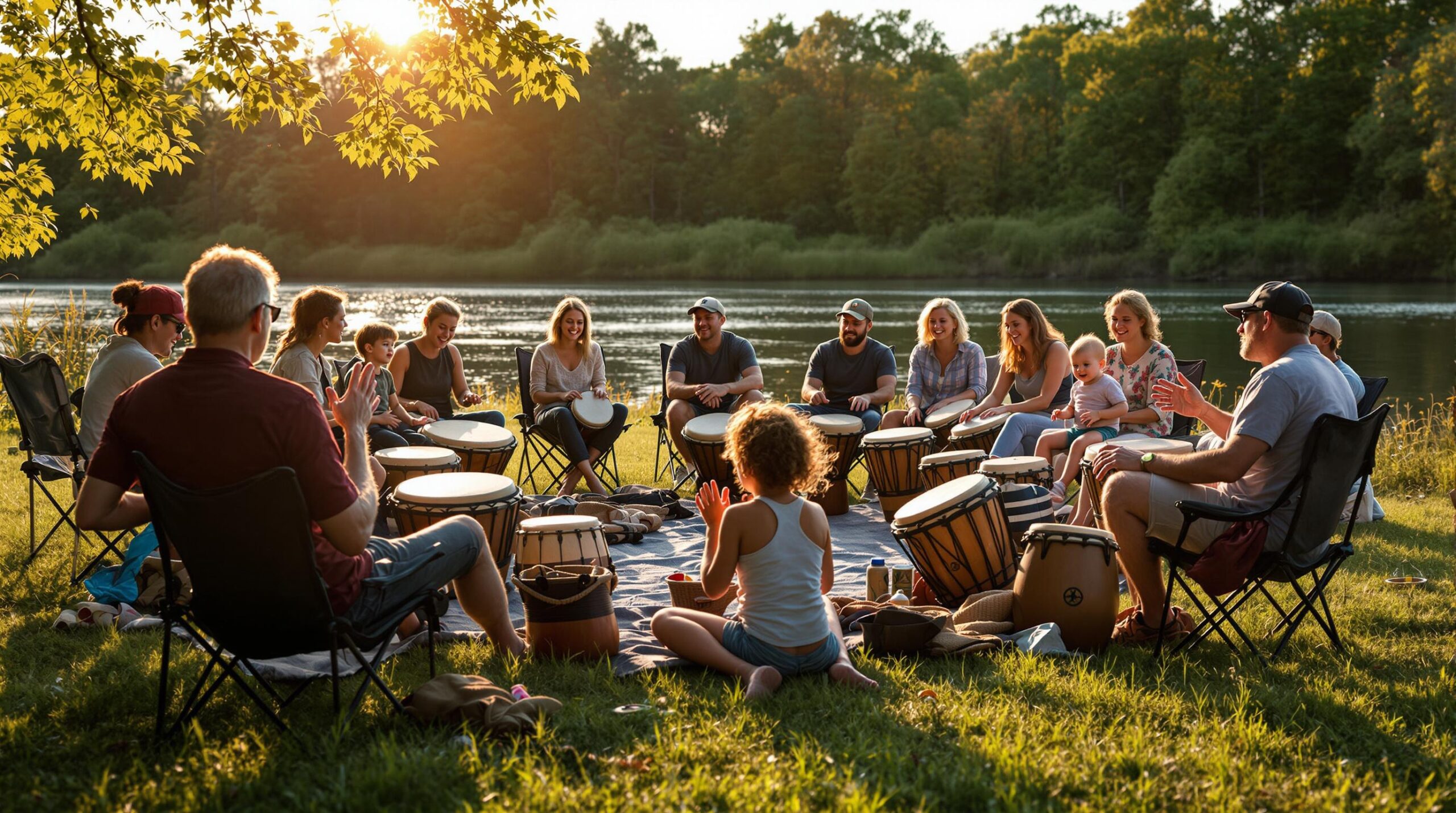 A diverse group of people gather outdoors on a grassy riverbank, joyfully playing hand drums in a community drum circle at sunset, with trees and a softly blurred river in the background.