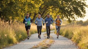 Four adults jogging and picking up litter on a scenic Midwest trail surrounded by tall grasses and trees, under warm morning sunlight.