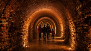 A family of four explores a dimly lit brick tunnel beneath a Victorian-style hotel, using flashlights to illuminate the arched stone walls and creating an atmosphere of historical mystery and adventure.