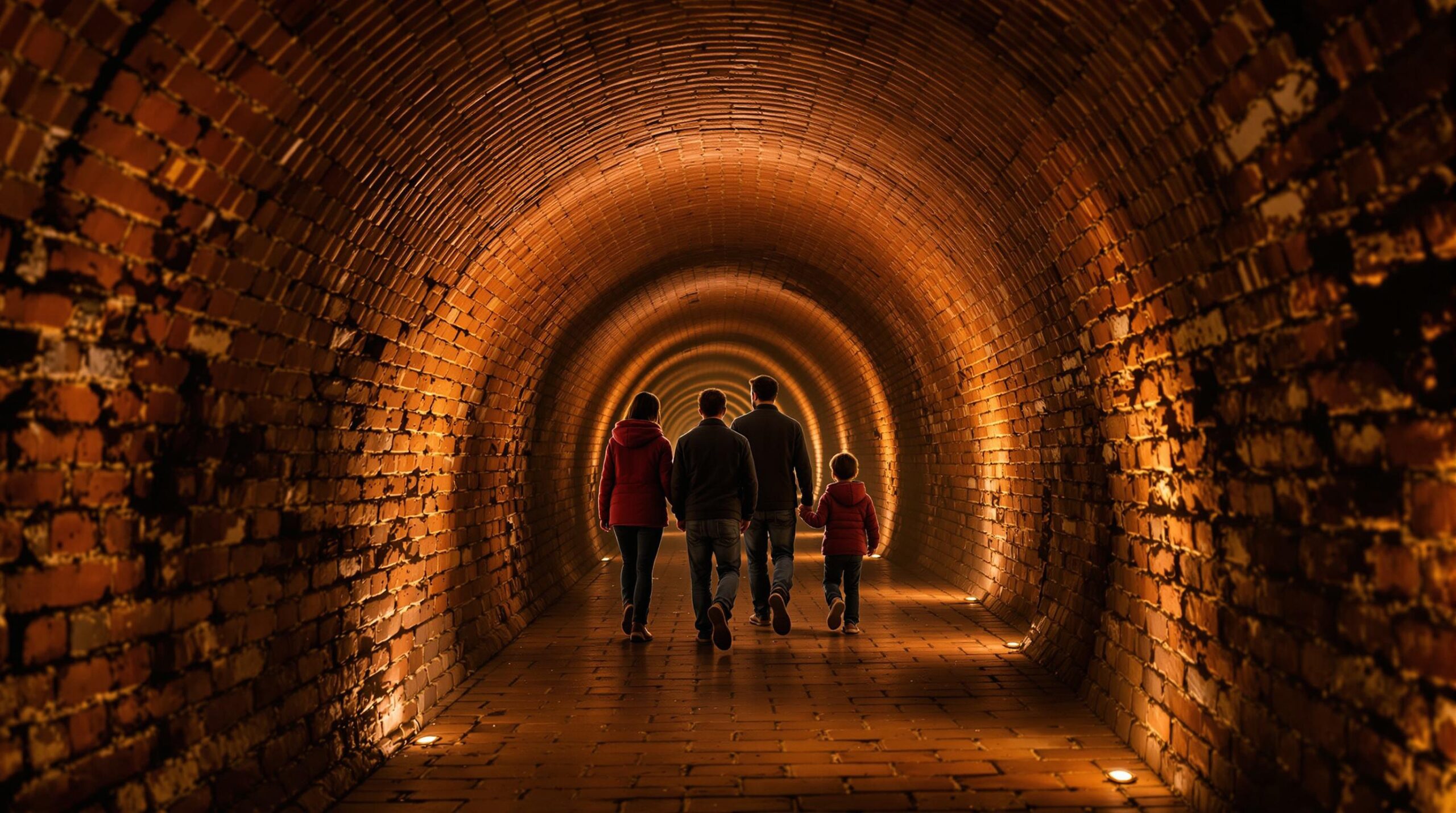 A family of four explores a dimly lit brick tunnel beneath a Victorian-style hotel, using flashlights to illuminate the arched stone walls and creating an atmosphere of historical mystery and adventure.