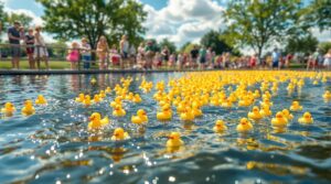 Dozens of yellow rubber ducks float on a pond during a community fundraiser, with families and volunteers watching from a grassy shoreline under a bright sky.