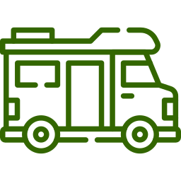 Green line drawing of a camper van or RV, shown from the side with two wheels, windows, and a door in the middle.