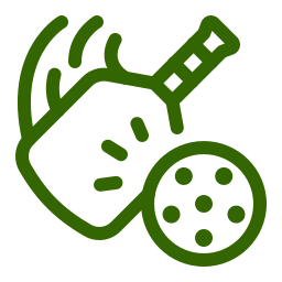 Green line drawing of a pickleball paddle hitting a perforated pickleball, with motion lines indicating movement.
