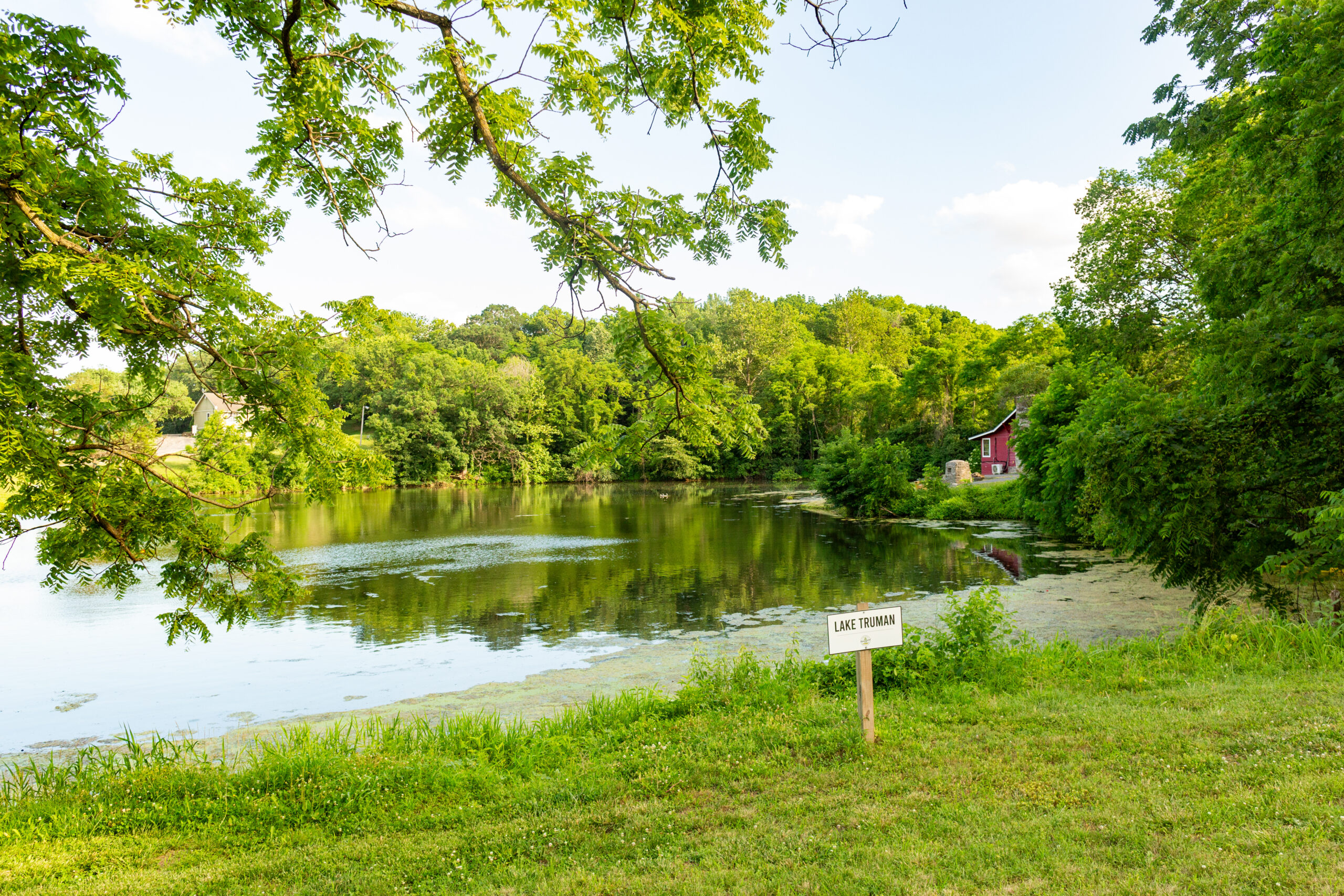 A peaceful lake surrounded by lush green trees, with a small red cabin on the far shore. A grassy area in the foreground features a wooden sign labeled “Lake Tiemann.” Perfect for any Photo Gallery collection.