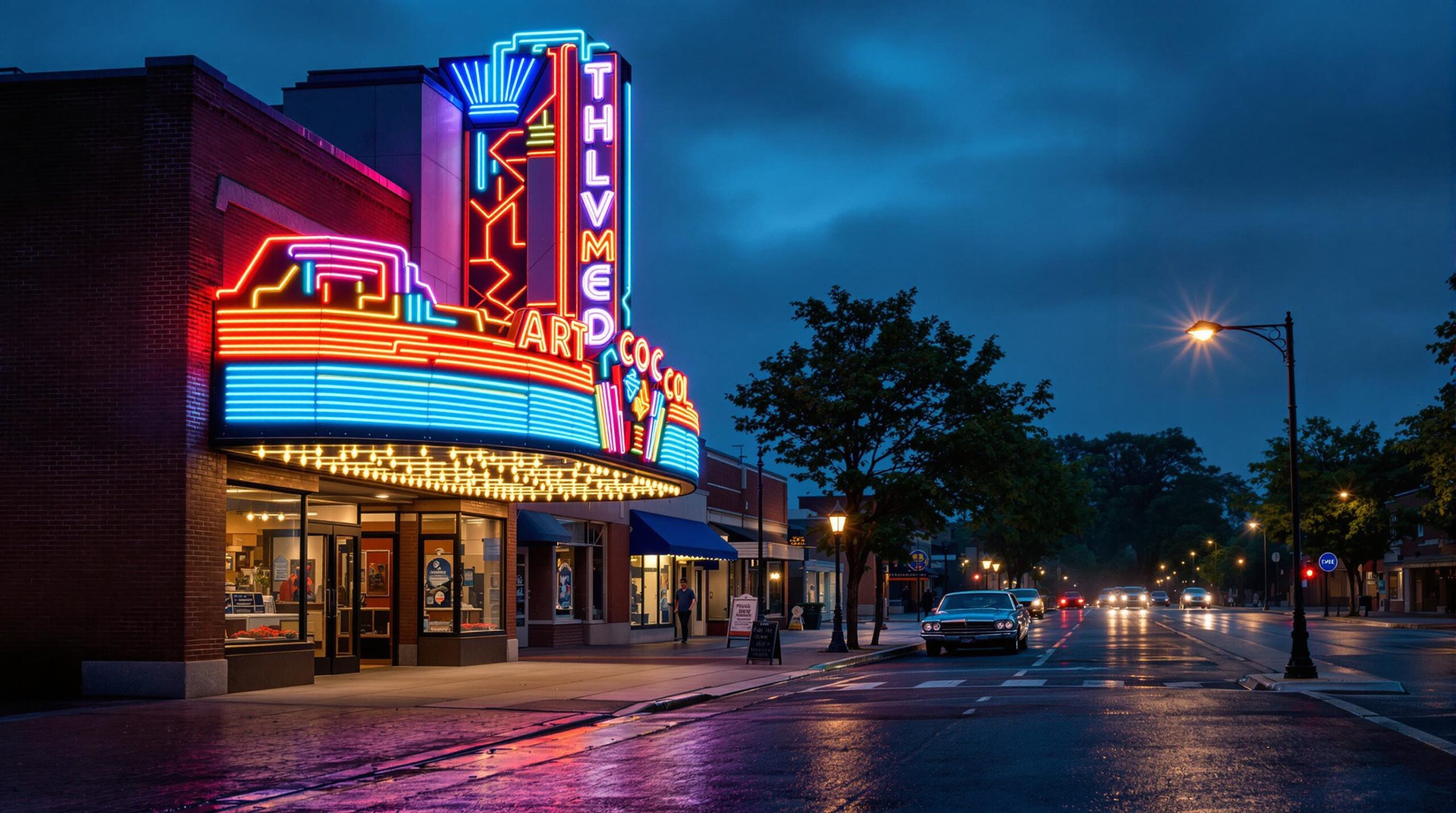 A brightly lit art deco theater marquee glows with colorful neon lights at dusk, casting reflections on a wet sidewalk and highlighting a vintage car parked on a quiet small-town street.