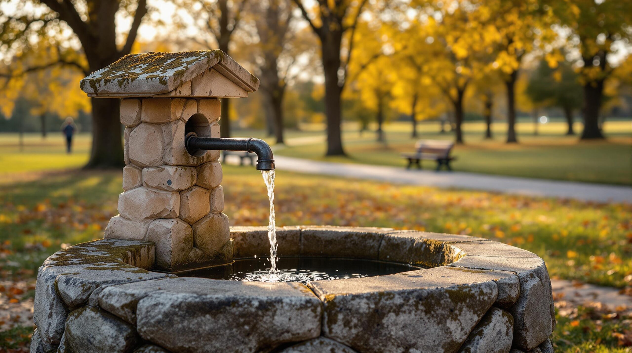 Weathered limestone artesian well flows into a stone basin in a leafy park, surrounded by mature trees and autumn foliage, with golden afternoon light.