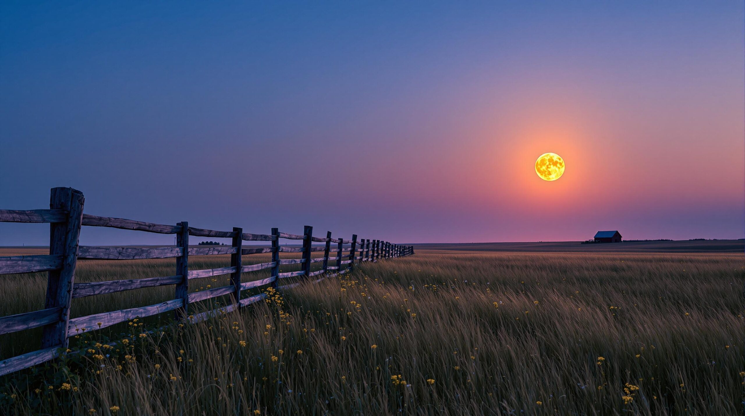 Golden harvest moon rising over a peaceful prairie with tall grasses, wildflowers, a wooden fence, and a distant barn near Platte City, Missouri at twilight.