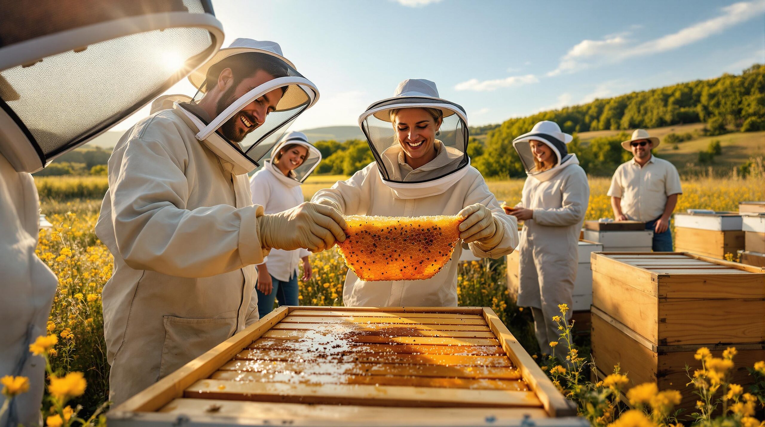 Adults in beekeeping veils observe a honeycomb frame being lifted during a honey harvest workshop outdoors, with wooden hives in a grassy field and soft golden sunlight.